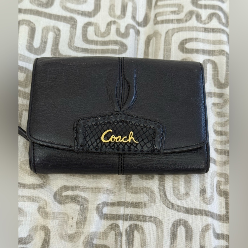 Coach Ashley Black Leather Compact Wallet, embossed gold hardware